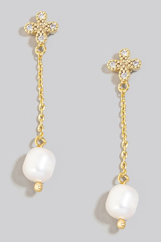 Pearl Dangle Cross Stud Earrings