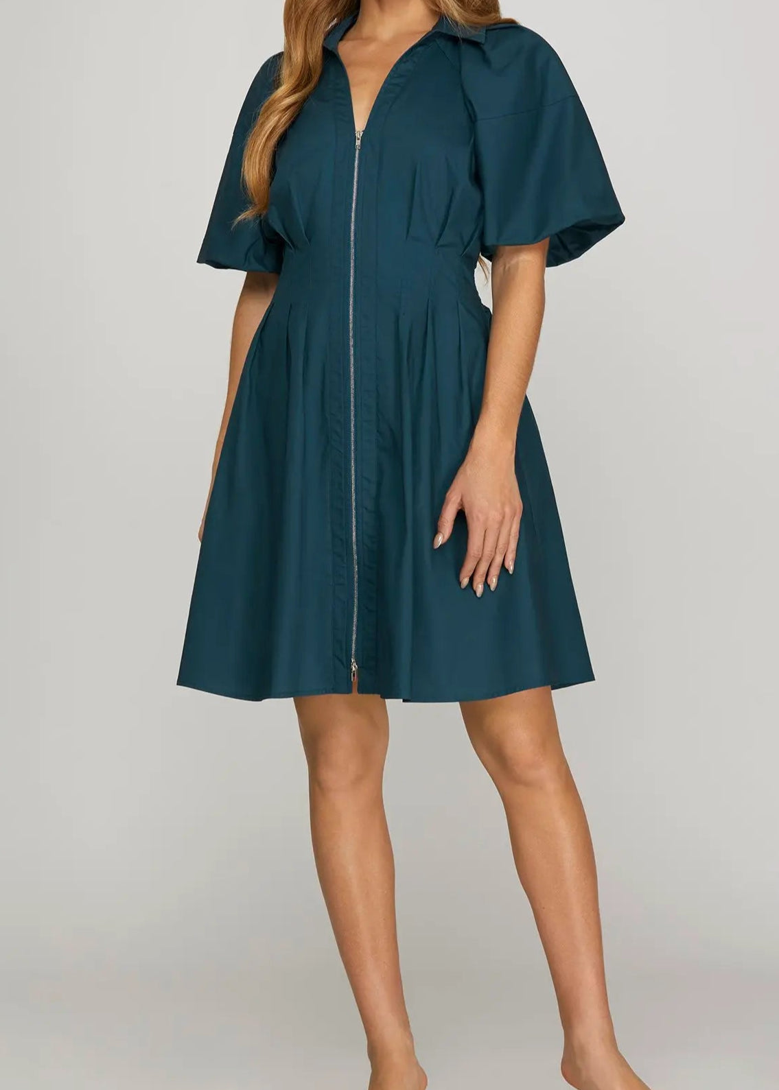 Blue Spruce Dress - Bubble Sleeve Mini