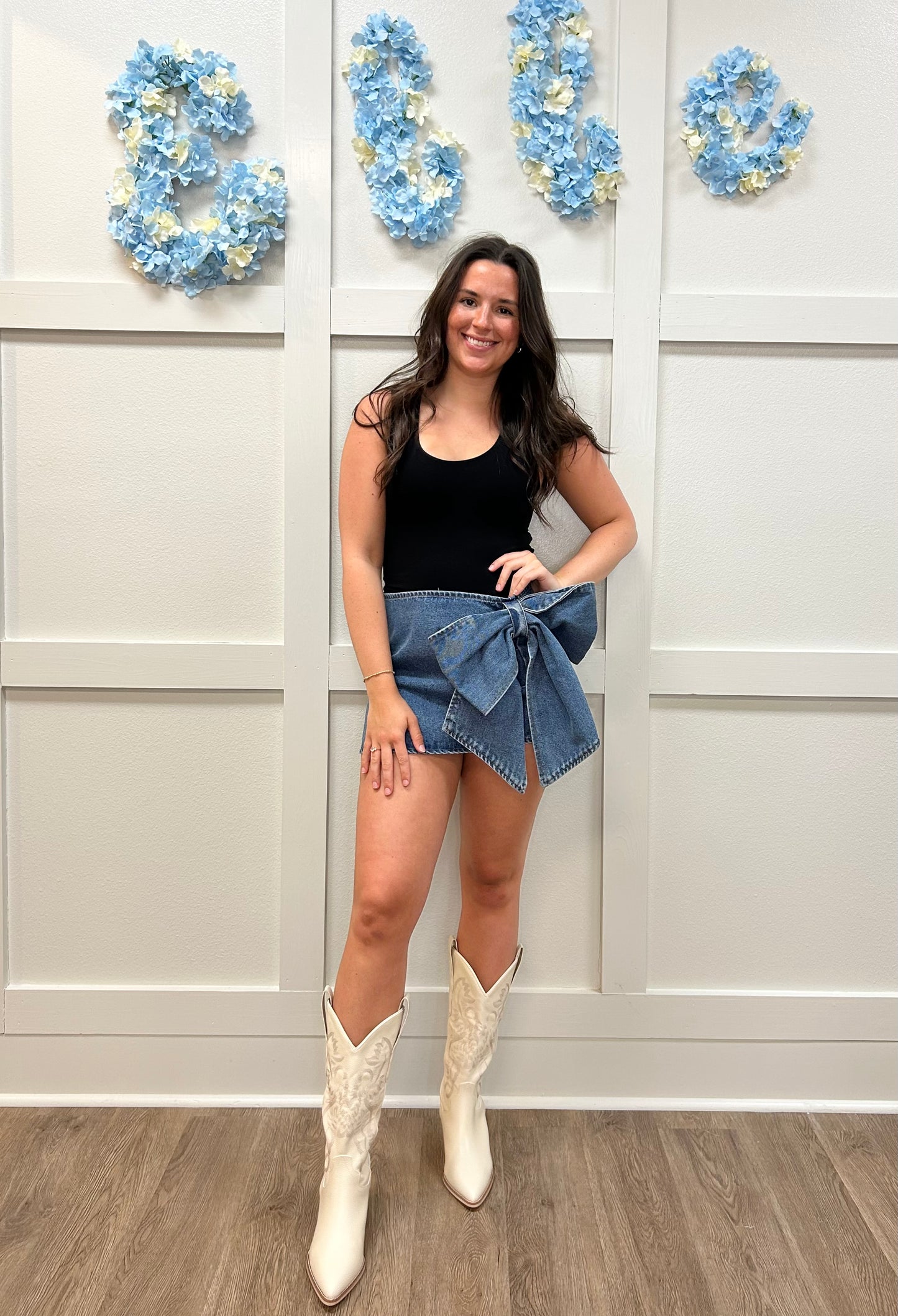 Denim bow mini skirt
