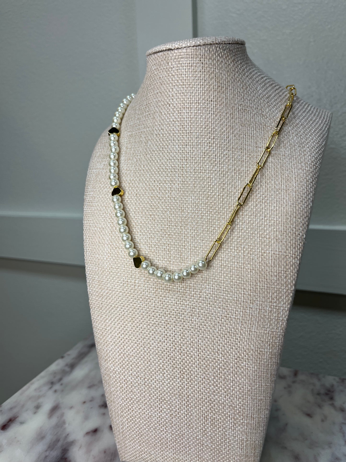 Pearl and Heart Accent Chain Link Necklace