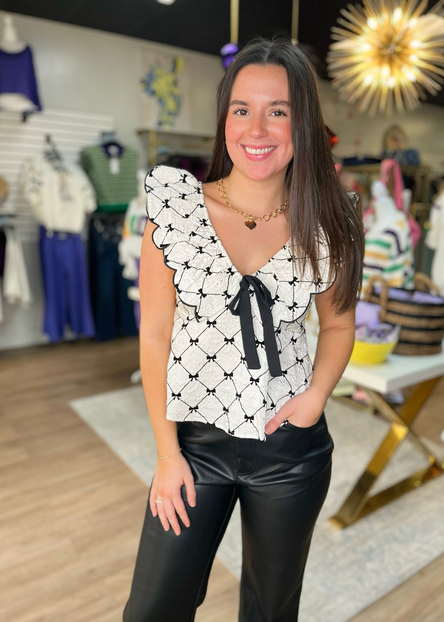 White Ruffle Top w/Black Bow detail