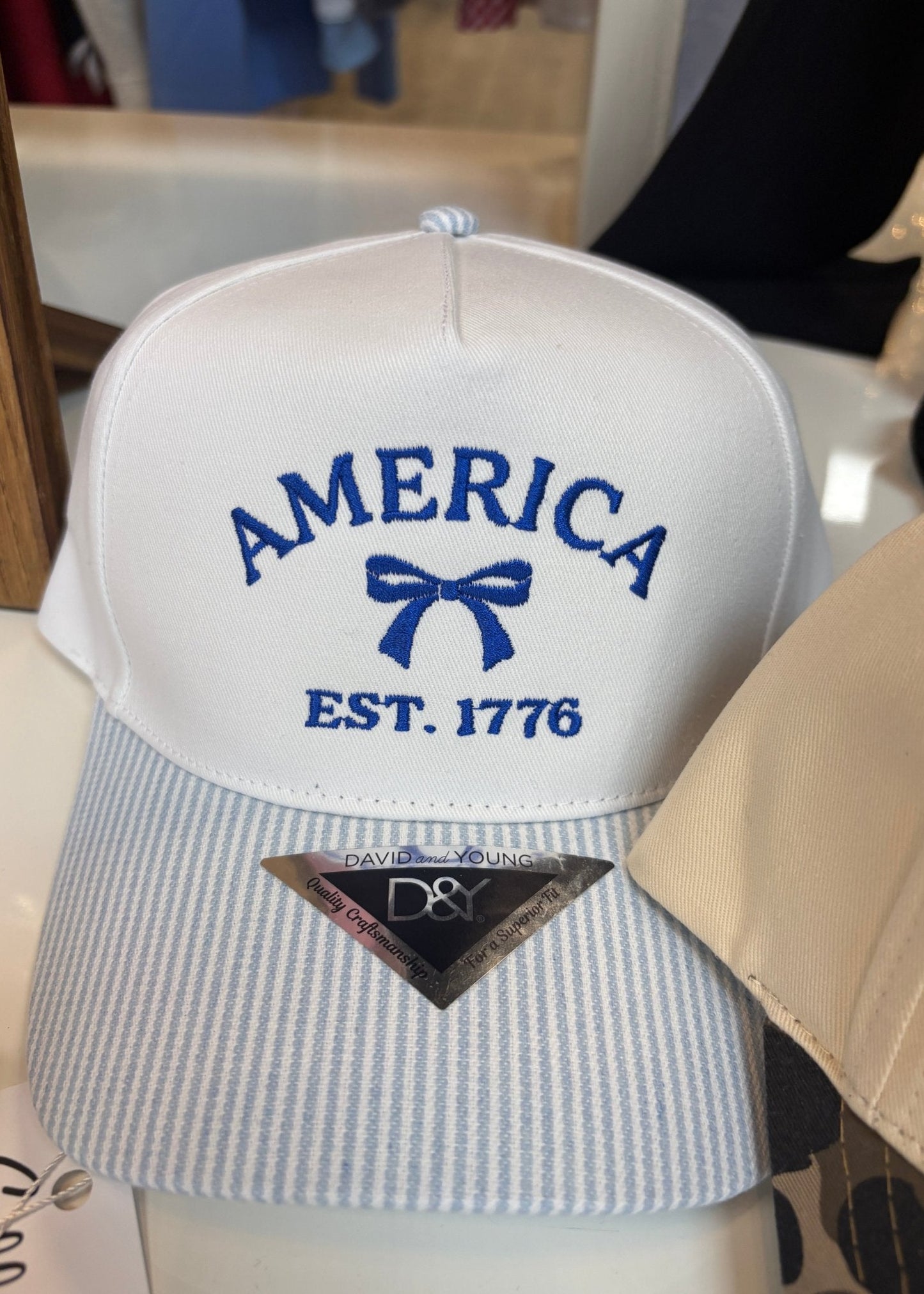 America Est. 1776 Seersucker Bow Trucker Cap - ElleBoutiqueZachary