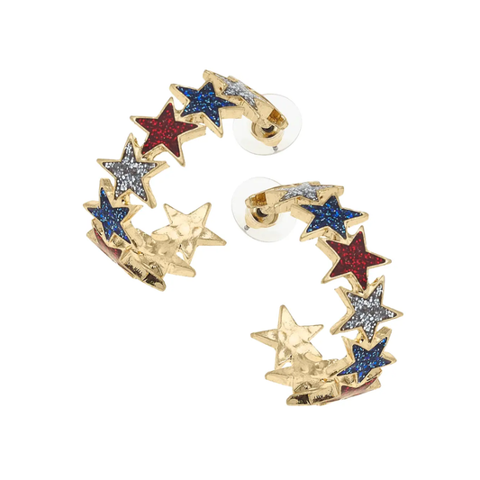 Star Spangled Glitter Hoop Earrings in Red, Silver, & Blue