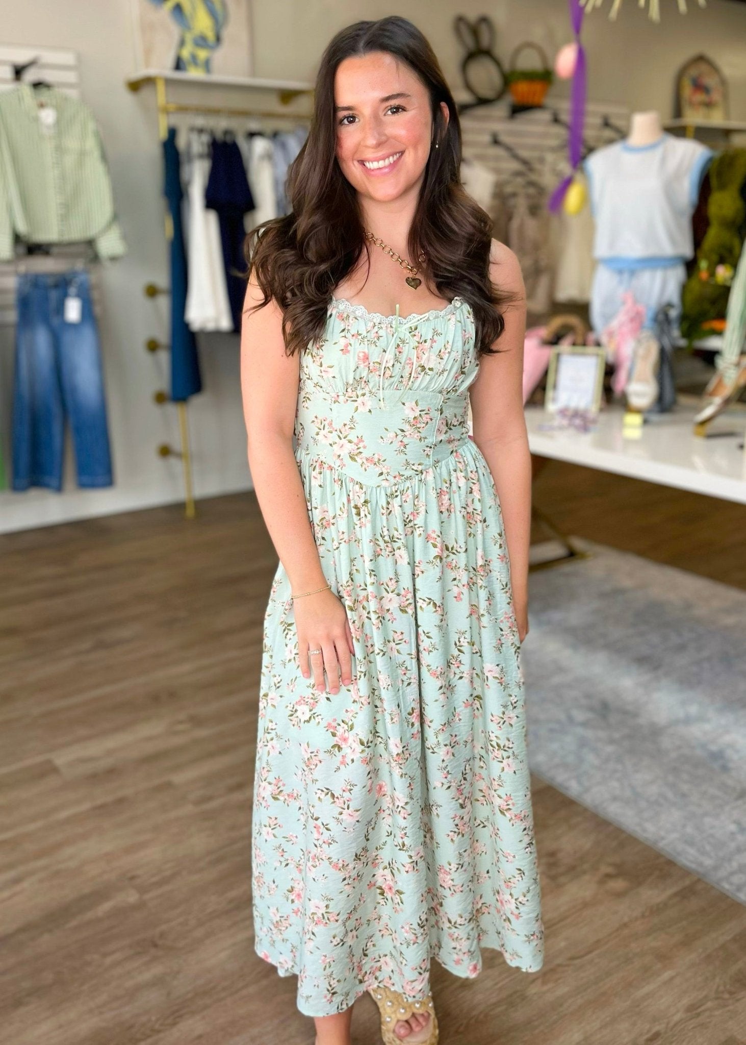 Floral Lace Trim Corset Midi Dress – Sleeveless A-Line Dress L