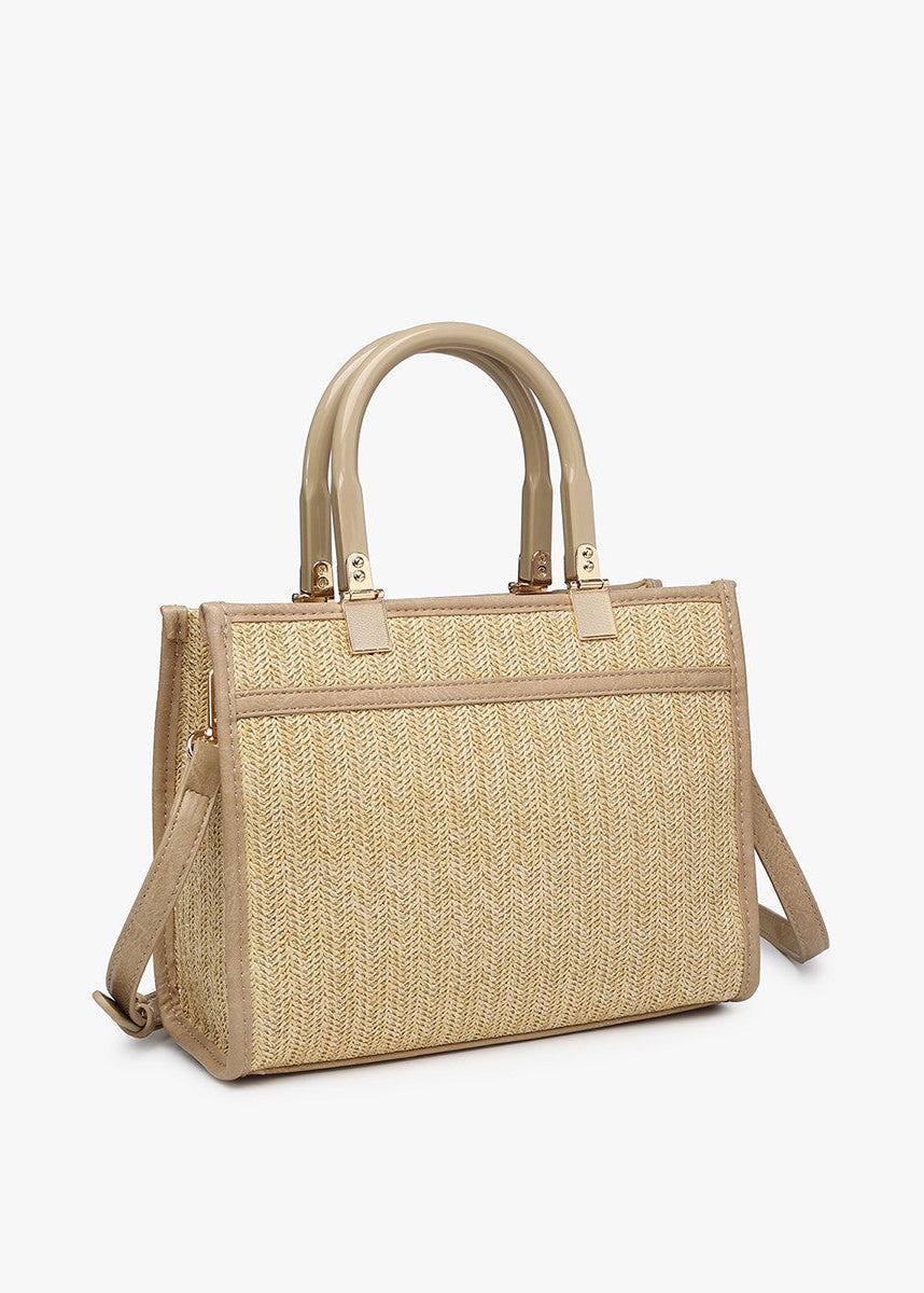 Sweet Southern charm shines in this natural straw satchel with double handles, front pocket & tan strap. Elle Boutique, Zachary, LA.