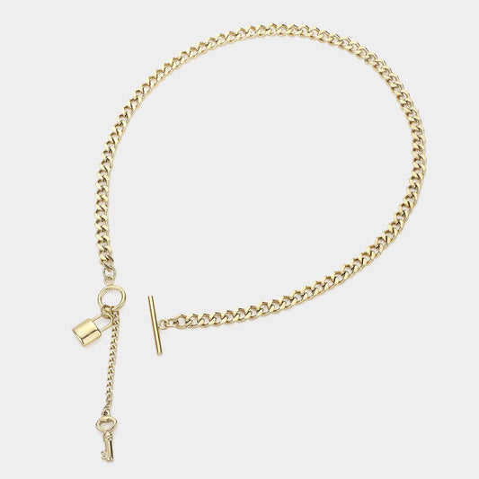Gold Key & Lock Toggle Necklace: Gold