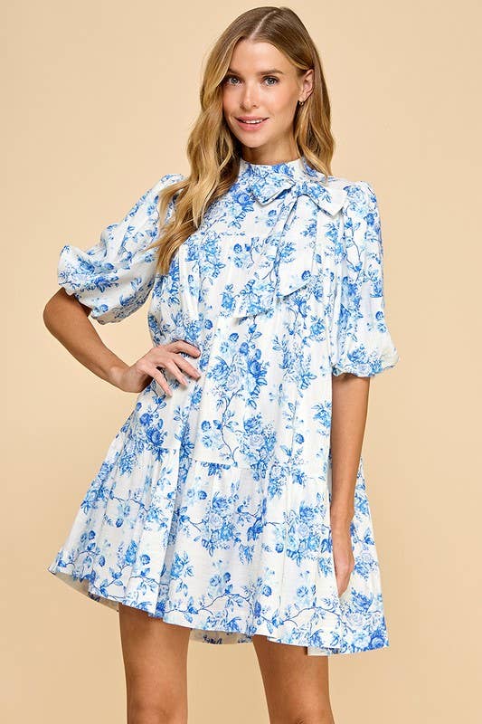 Floral Print Puffed Sleeves Dress