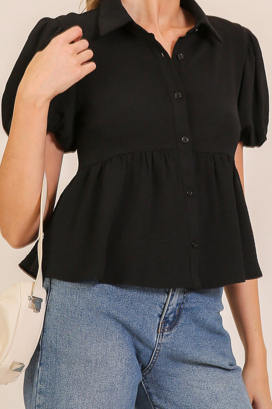 Nyx Blouse - Black Peplum Button Down