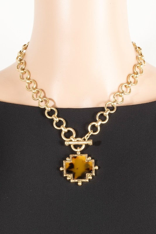 Acetate Square Cross Toggle Chain Necklace