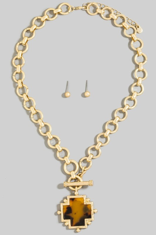 Acetate Square Cross Toggle Chain Necklace