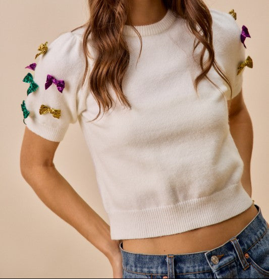 Mardi Gras Bow Puff Sleeve Top