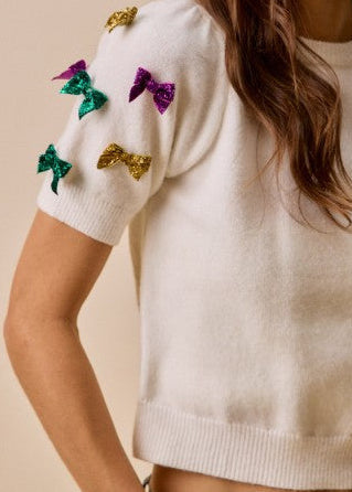Mardi Gras Bow Puff Sleeve Top