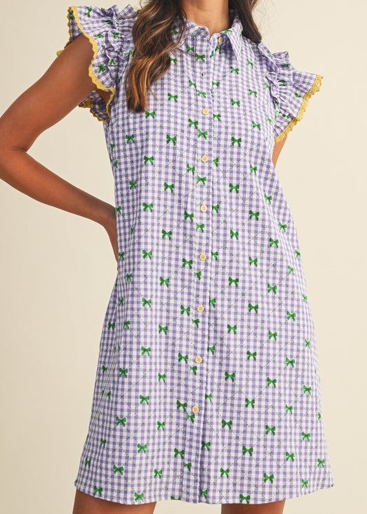 Mardi Gras Ruffle Sleeve Gingham Check Dress
