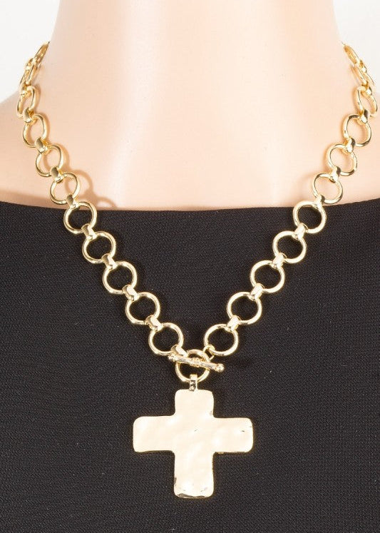 Hammered Flat Cross Pendant Toggle Chain Necklace