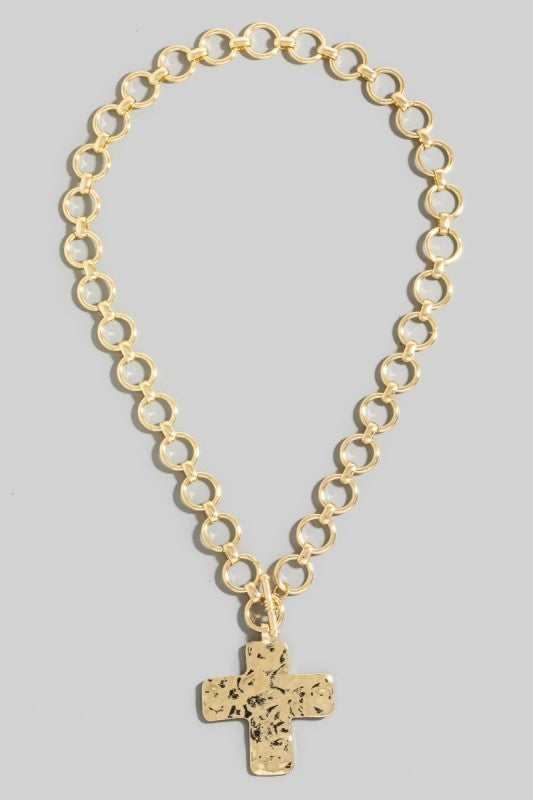 Hammered Flat Cross Pendant Toggle Chain Necklace
