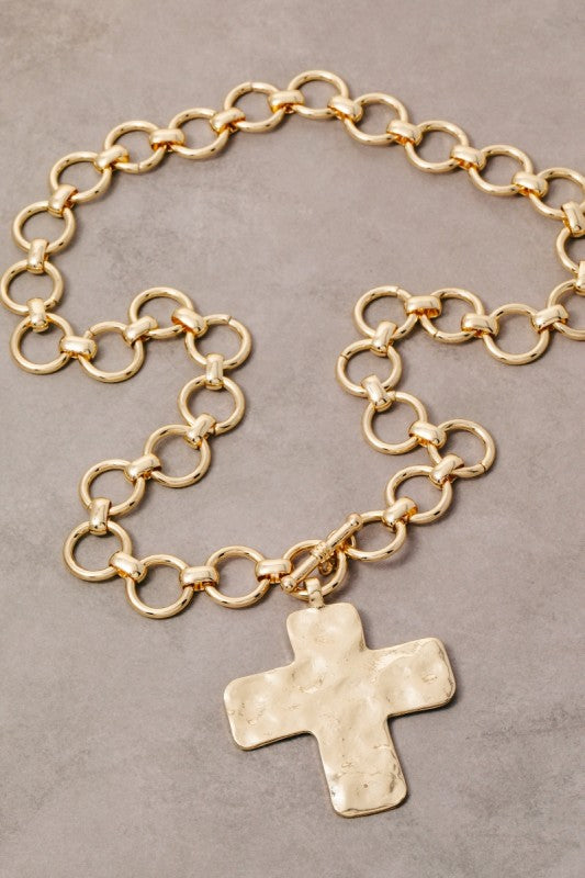 Hammered Flat Cross Pendant Toggle Chain Necklace