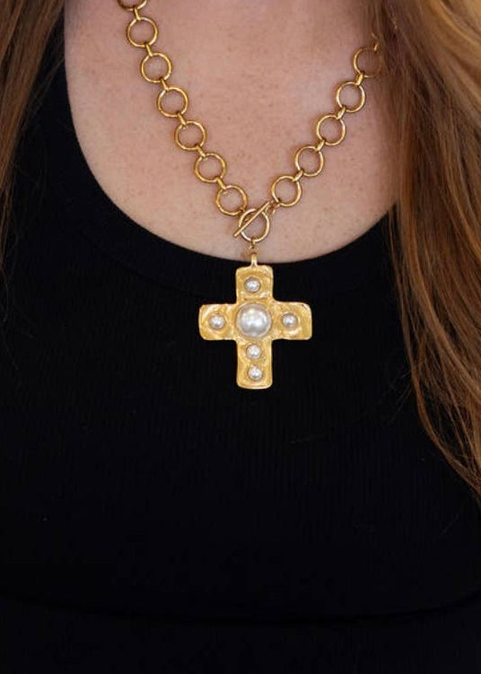 Pearl Cross Pendant-Gold