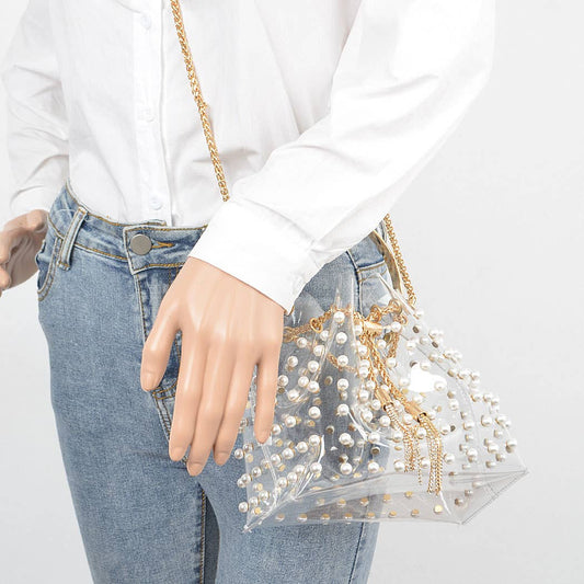 Clear Pearl Stud Bucket Bag W/chain Tassle: Clear Gold