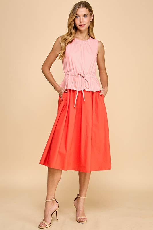 Color Block - Coral & Pink Midi Dress, Sleeveless, Tie Waist