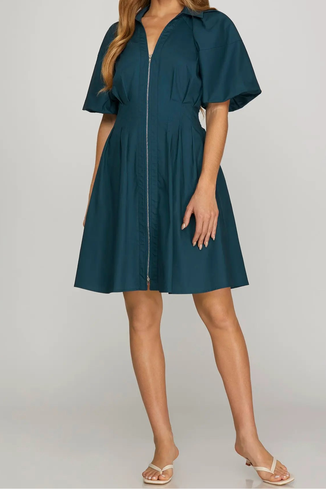 Blue Spruce Dress - Bubble Sleeve Mini