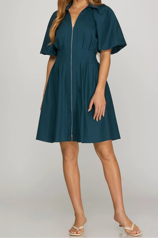 Blue Spruce Dress - Bubble Sleeve Mini