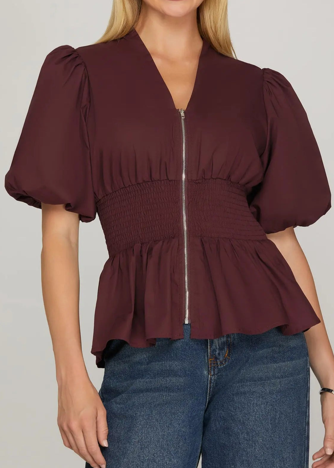 Winona Blouse-Wine Bubble Sleeve