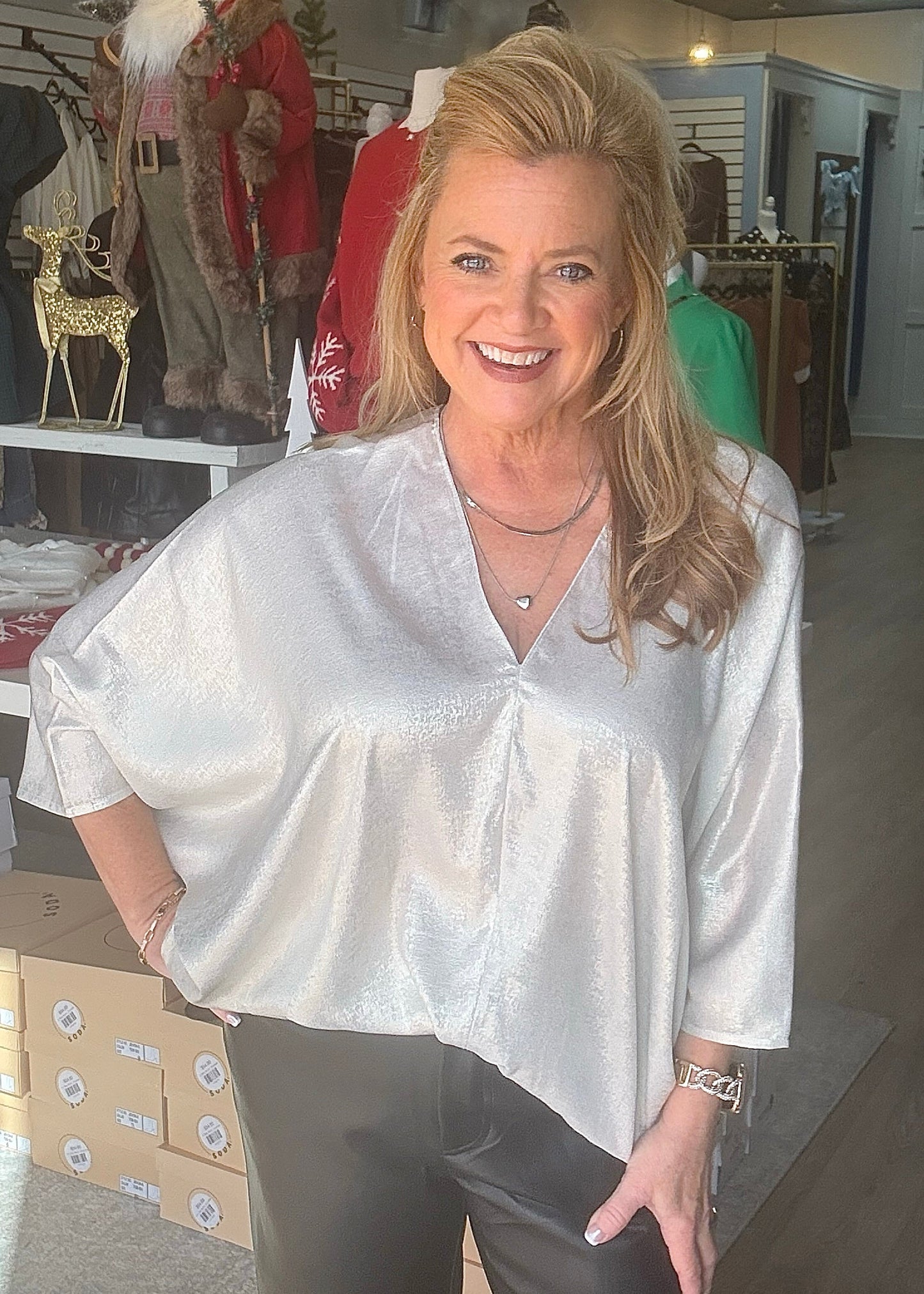 Silver Metallic Dolman Top-V Neck