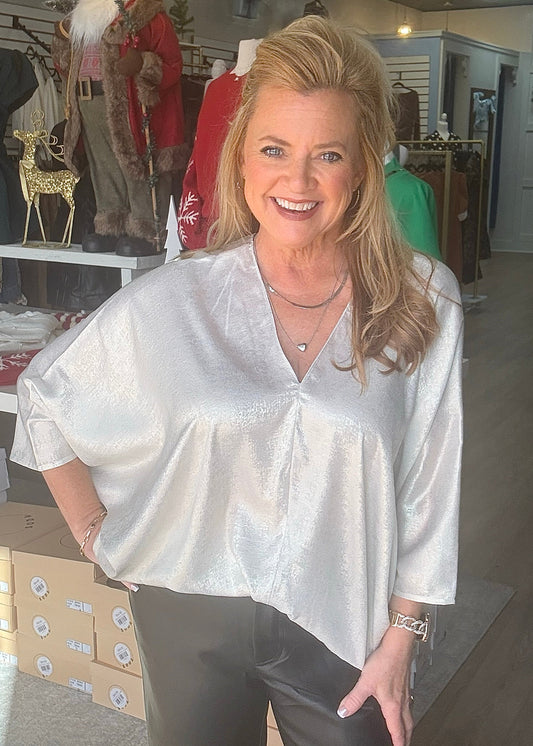 Silver Metallic Dolman Top-V Neck