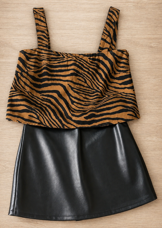 A sleeveless zebra-striped top in warm brown and deep black tones brings wild charm and easy comfort, thanks to its soft, lightweight fabric with a relaxed fit. Paired alongside is the Midnight Moves Pleather Skort—sleek, jet-black faux leather with playful movement and an elastic waistband for all-day ease. Both pieces are styled just so atop a light wooden surface, ready to make any day feel extra special. Elle Boutique, Zachary, LA.