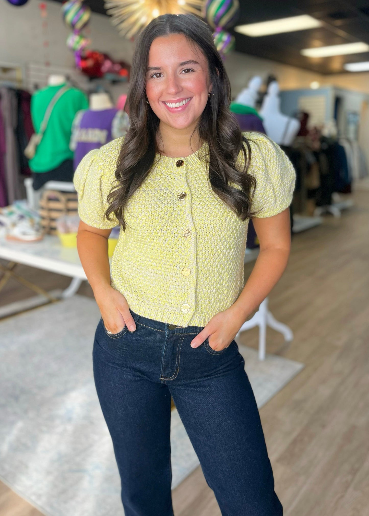 Yellow Puff Sleeve Cardigan