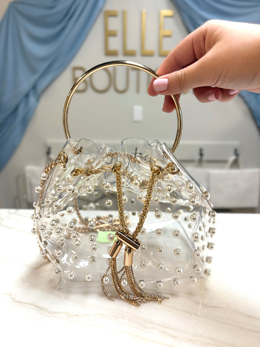 Clear Pearl Stud Bucket Bag W/chain Tassle: Clear Gold