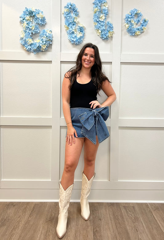 Denim bow mini skirt