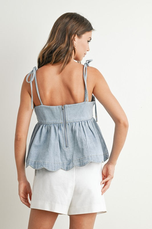 DENIM TIE-STRAP PEPLUM TOP BACK VIEW