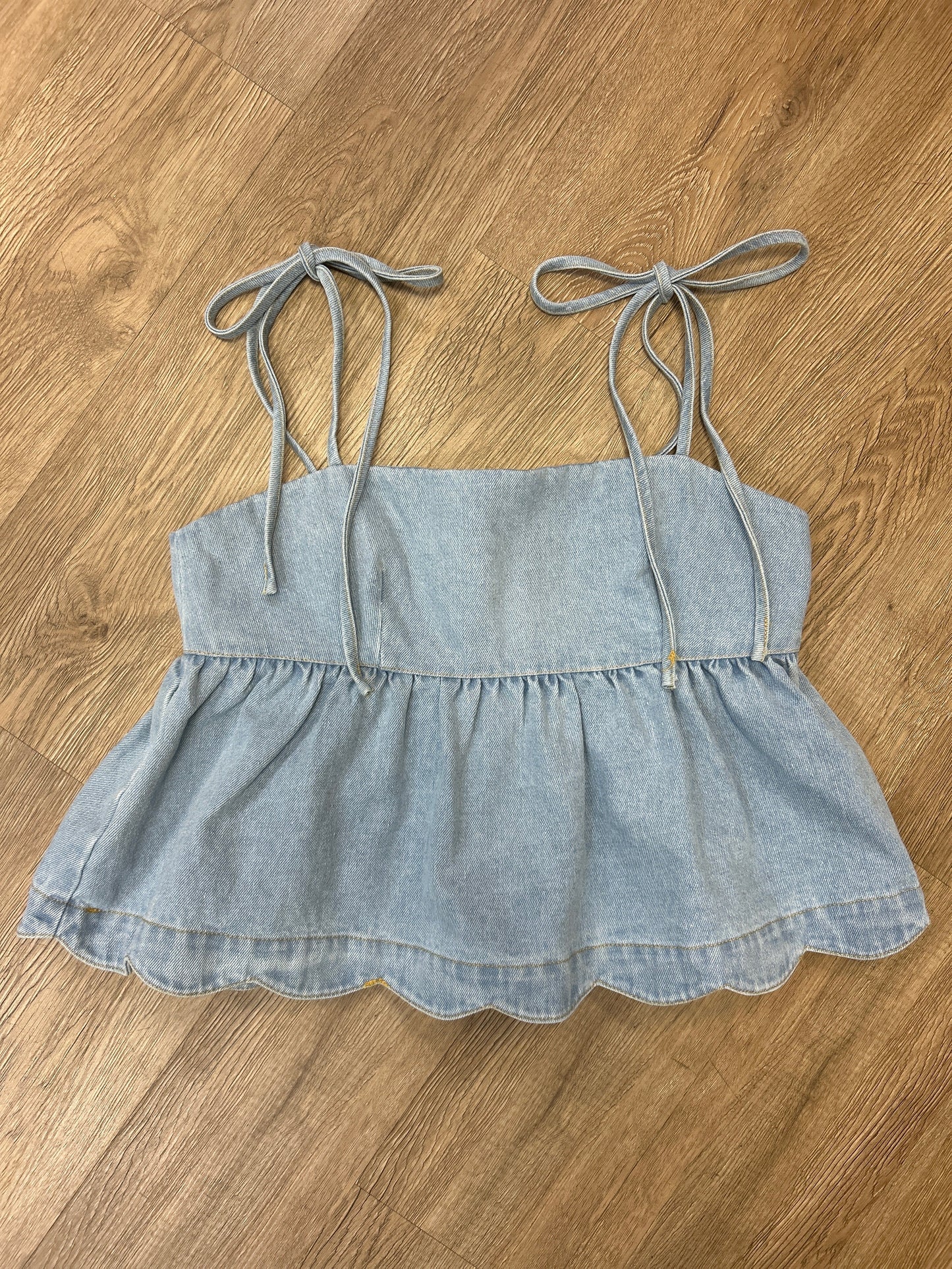 DENIM TIE STRAP PEPLUM TOP FRONT