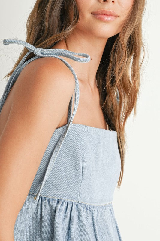 DENIM TIE-STRAP PEPLUM TOP SIDE VIEW