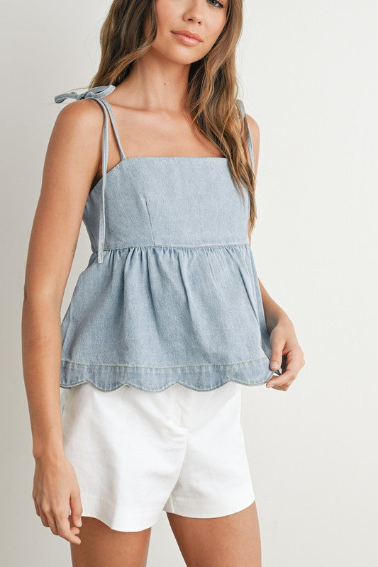 DENIM TIE-STRAP PEPLUM TOP VIEW