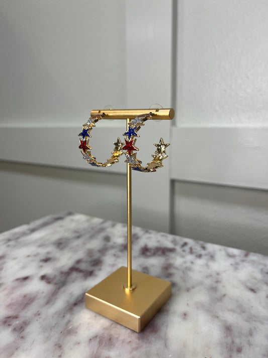 Star Spangled Glitter Hoop Earrings in Red, Silver, & Blue