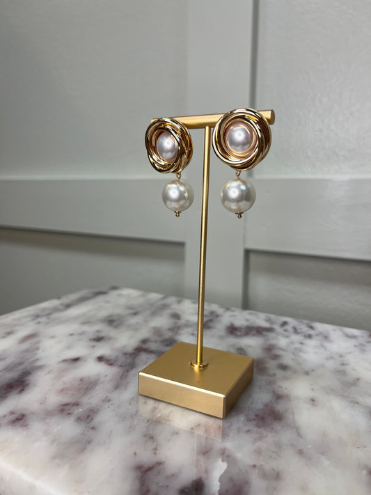 Metallic Knot Large Pearl Beads Dangle Earrings