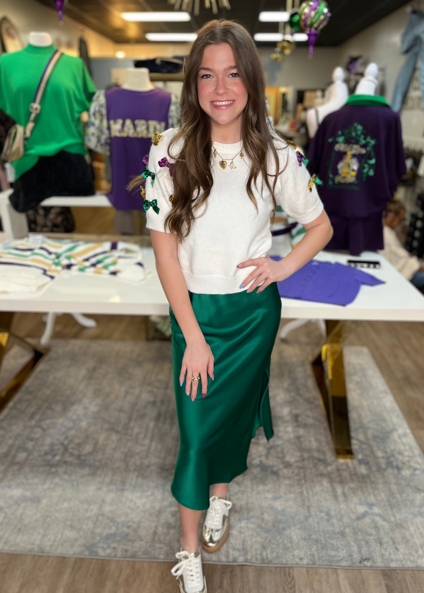 Mardi Gras Bow Puff Sleeve Top