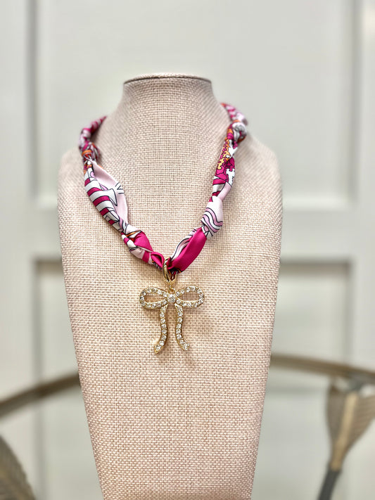 Cassie Pave Bow Scarf Necklace in Fuchsia/Orange/White