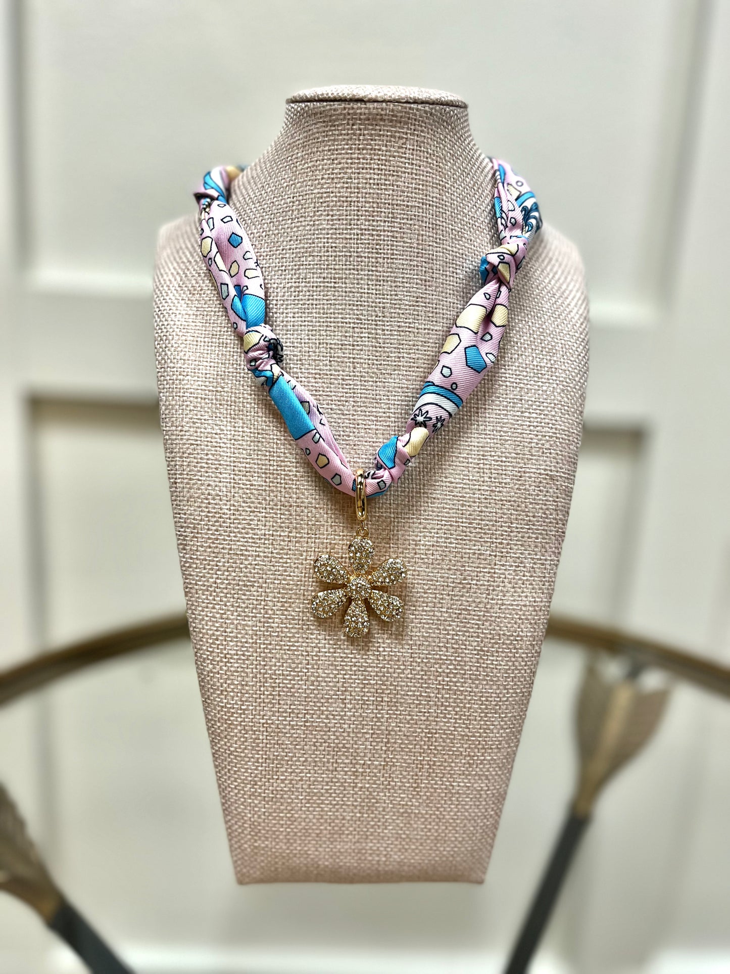 Scarlett Pave Daisy Scarf Necklace in Light Pink/Light Blue