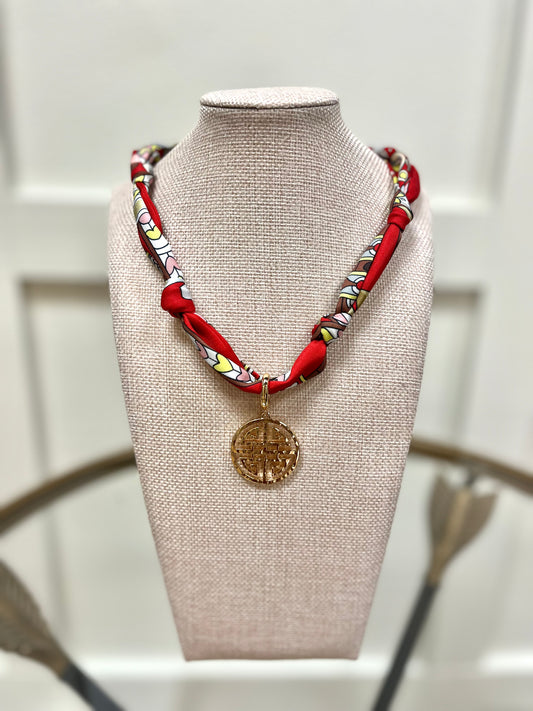 Cora Greek Keys Scarf Necklace in Red/Brown/Yellow
