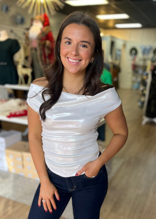 White Metallic Off Shoulder Top