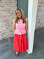 Color Block - Coral & Pink Midi Dress, Sleeveless, Tie Waist