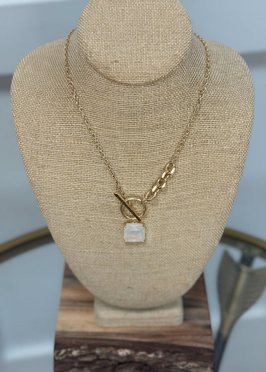 Gold Luxe Toggle Chain Necklace with a clear rectangle charm, water resistant, non-tarnish. Elle Boutique, Zachary, LA.