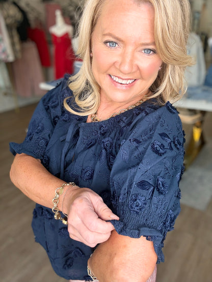 Midnight Magnolia Embroidered Top