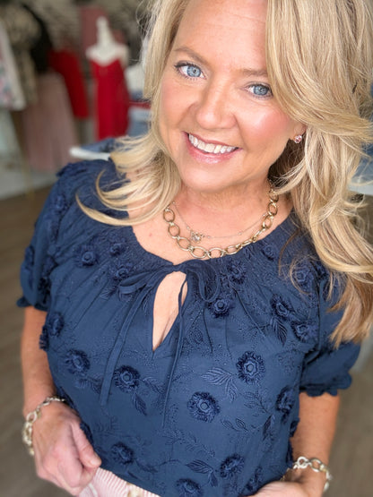 Midnight Magnolia Embroidered Top