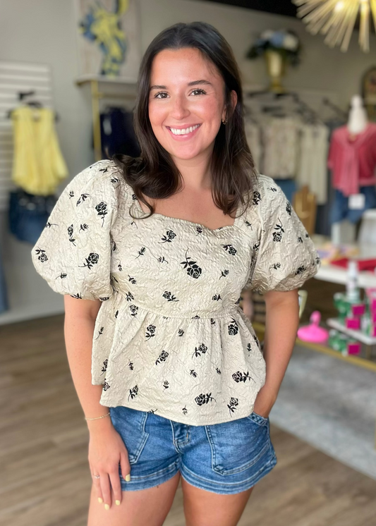 Blush Textured Floral Puff Sleeve Peplum Top