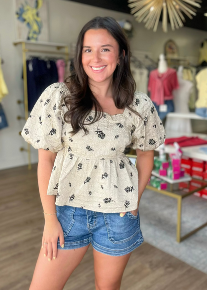 Blush Textured Floral Puff Sleeve Peplum Top