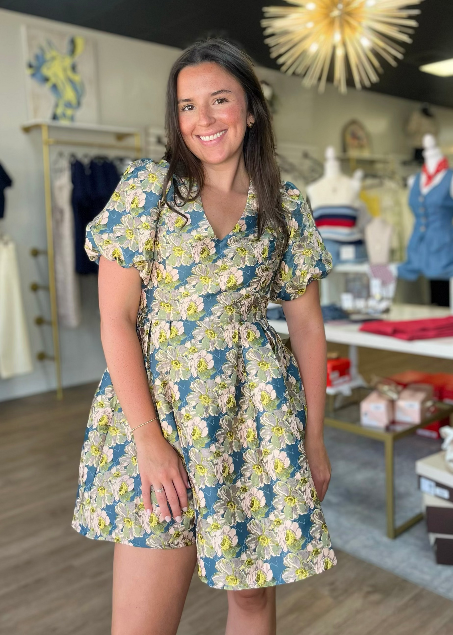 Teal & Yellow Floral Jacquard Mini Dress